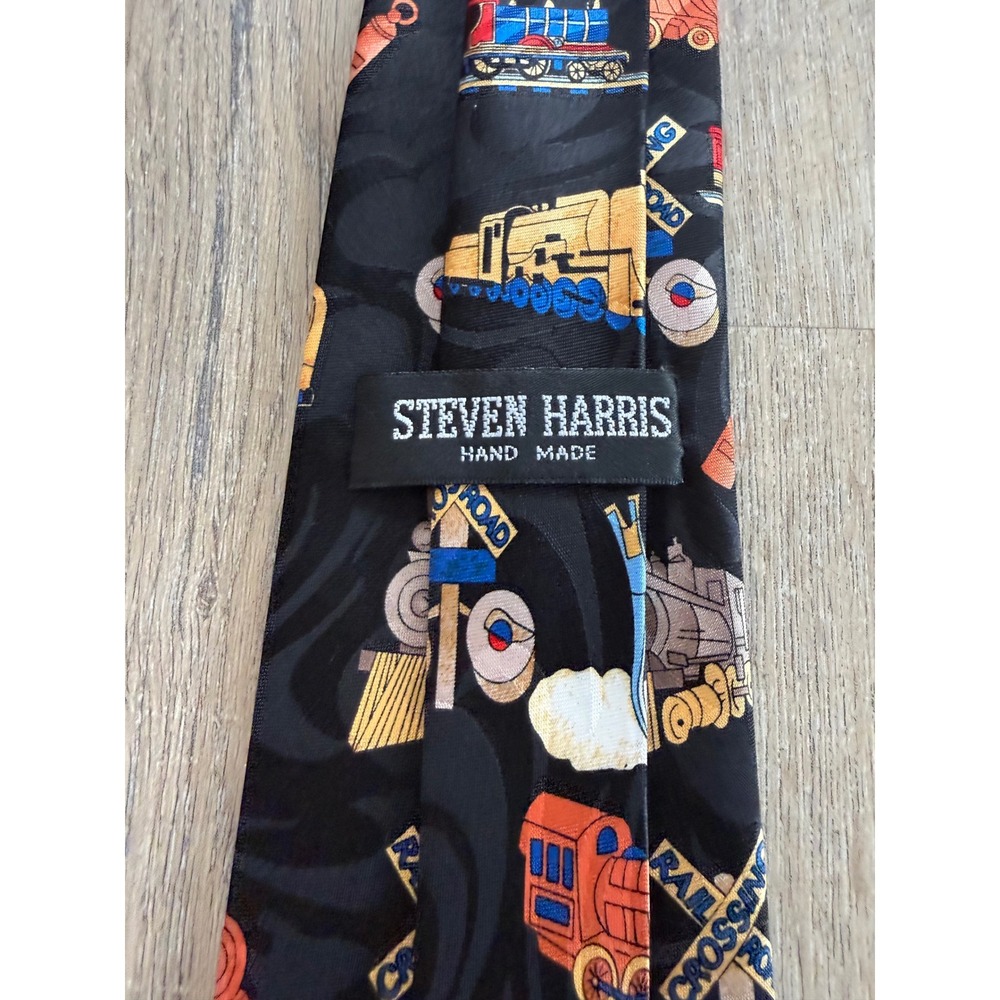 Steven Harris Mens Locomotive Train Railroad Novelty Tie Black Handmade - Picture 4 of 8